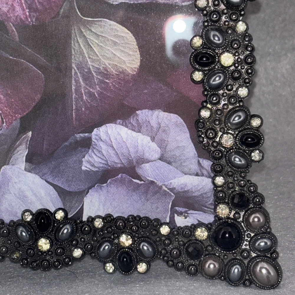Ornate Jeweled Metal Picture Frame 5‎ X 7 Rhinestones Faux Onyx Silver Tone EUC